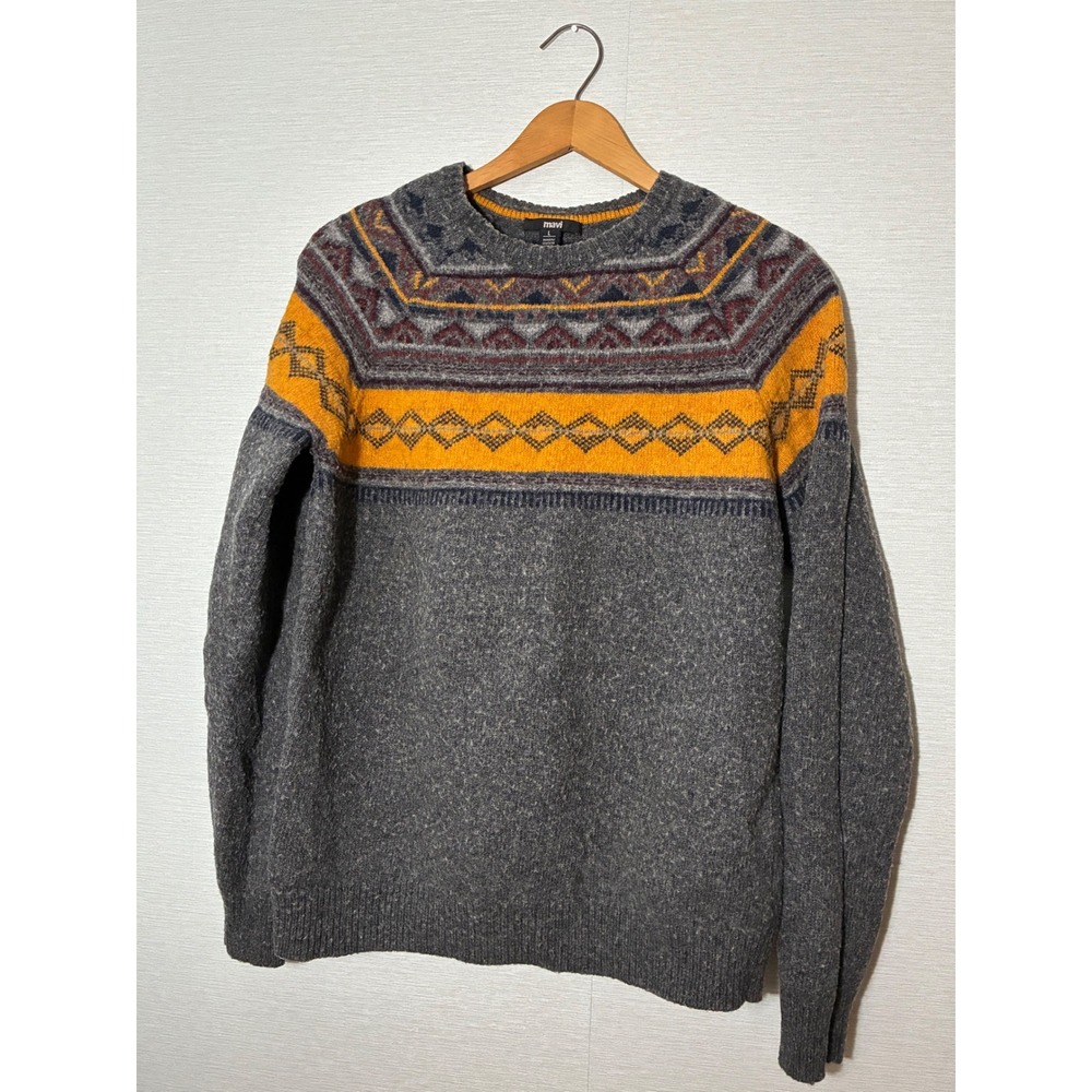 Mavi Mens Grey Lambswool Blend Fair Isle Crew Neck Sweater Large